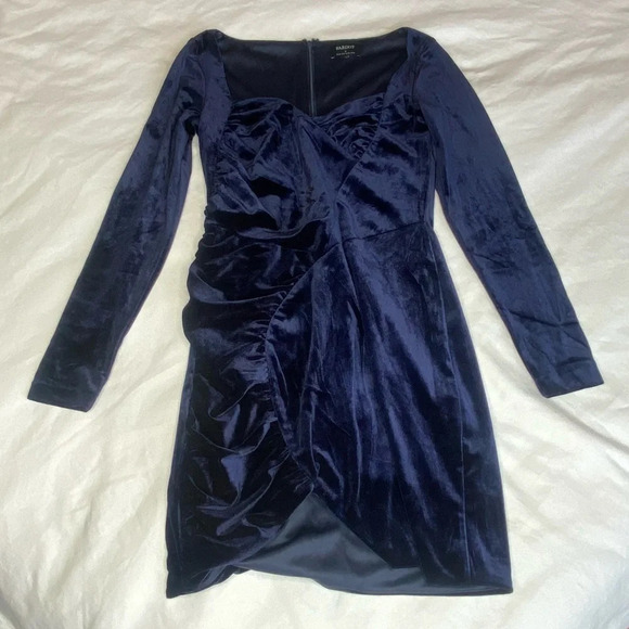 BARDOT Xena Ruched Velvet Mini Dress size MED Navy Sweetheart Neck Long Sleeve - Picture 6 of 7